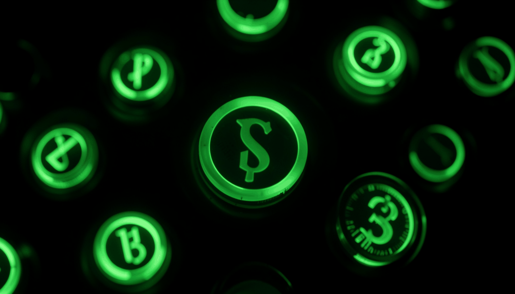 Dark background with glowing green coin-like circular shapes, evoking cryptocurrency and digital finance