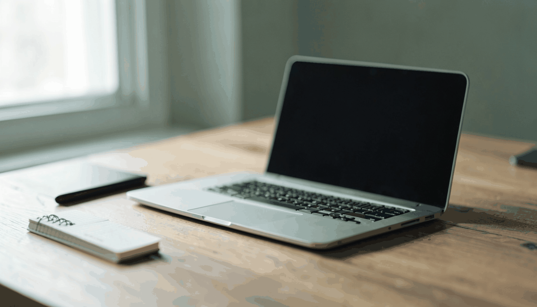 A calm workspace with a laptop and notebook on a wooden desk, bathed in soft natural light with muted green and grey tones