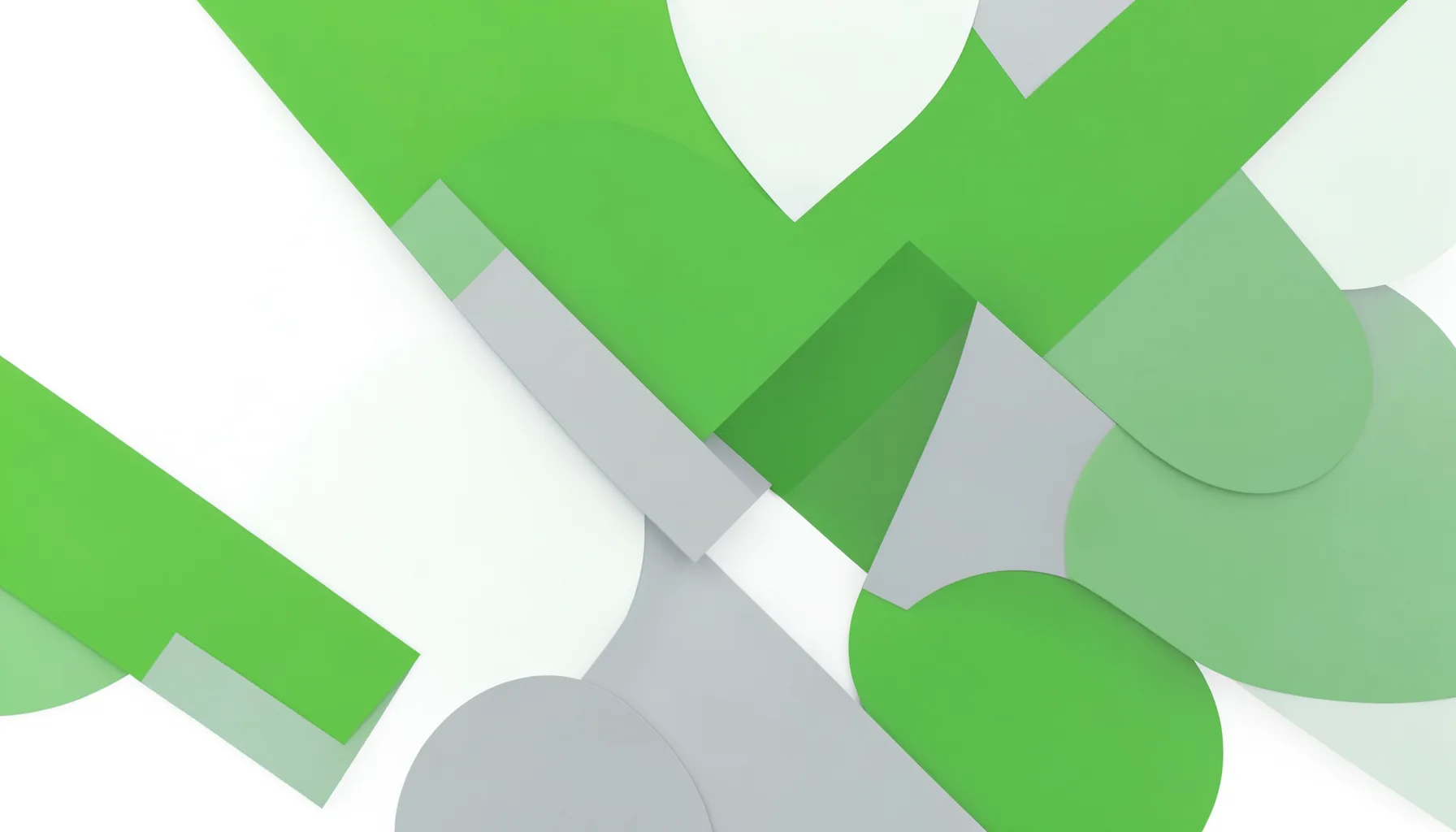A clean abstract composition of overlapping green and grey geometric shapes on white, suggesting teamwork and productivity