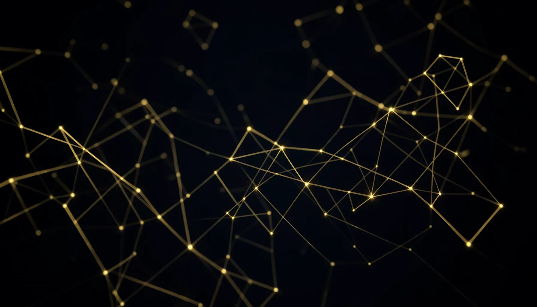 Dark abstract backdrop with glowing golden geometric nodes suggesting secure digital networks