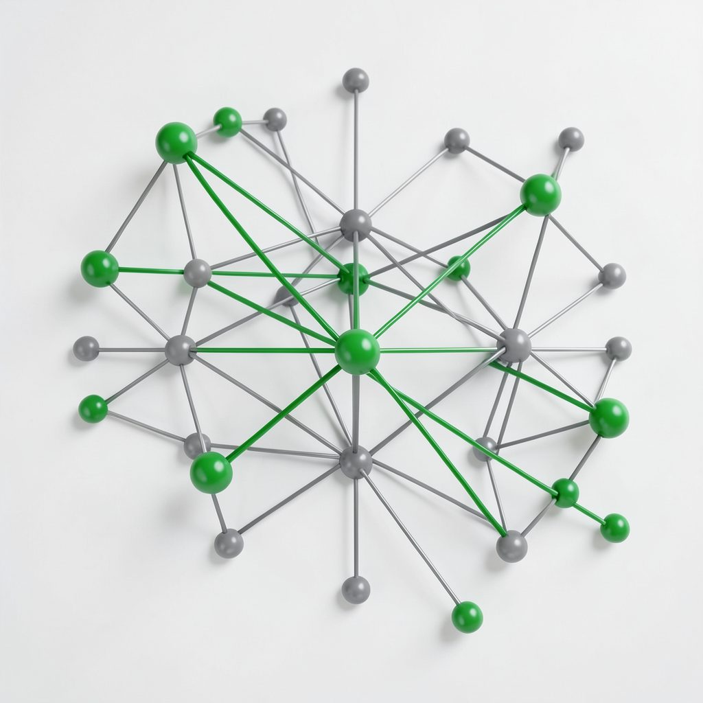 A stylized illustration of interconnected network nodes and lines in green and grey, suggesting connectivity and digital systems