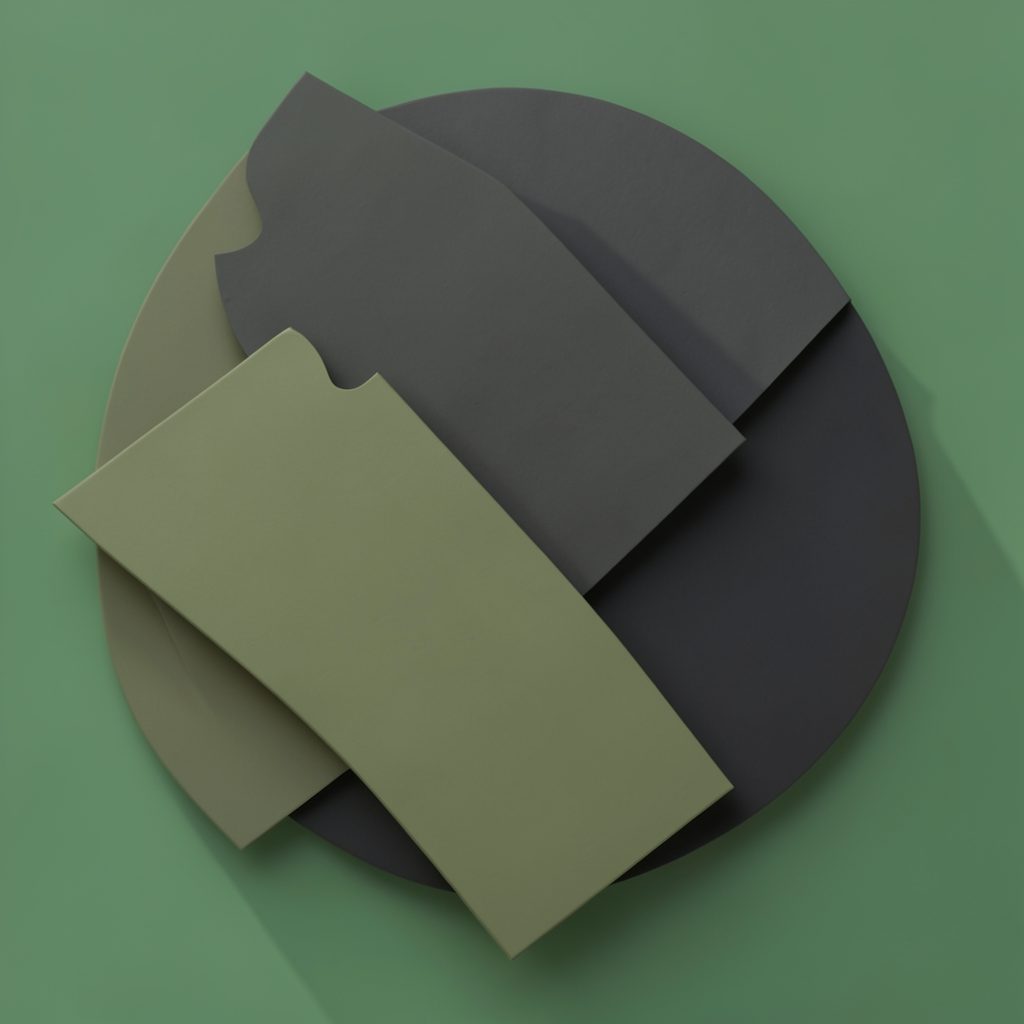 Abstract geometric shapes in muted olive and charcoal tones, layered softly against a green background