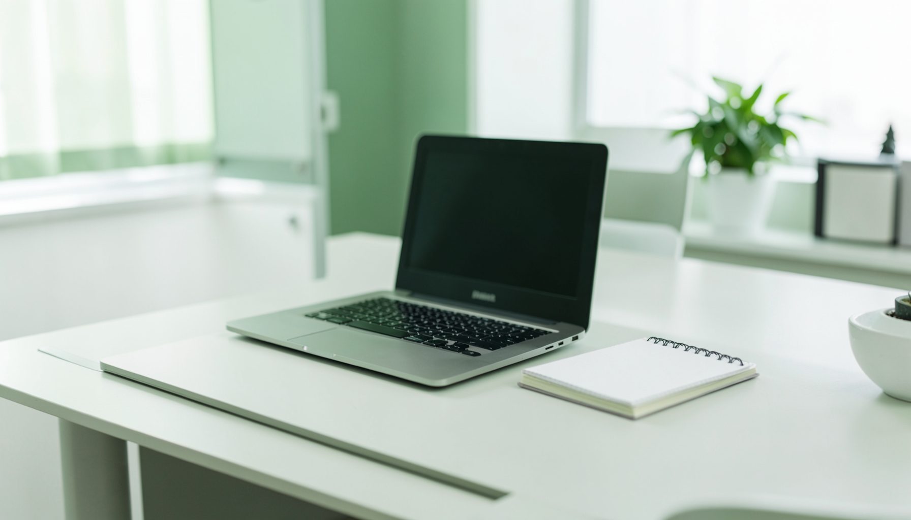 Soft green and white office scene with a laptop and notebook on a desk, calm and organized mood
